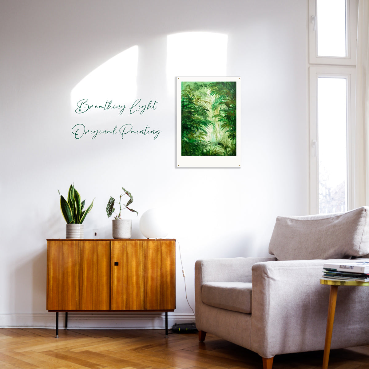 Original painting by artist Emma Peers of lush green palms and tropical leaves inspired by endangered plant species. Rich layers of foliage capture the warmth and atmosphere — you can almost feel the tropical heat radiating from the scene.