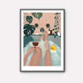 Illustration of woman in bubble bath with a glass of wine surrounded by plants.  Botanical Illustration for your bathroom by Studio Peers