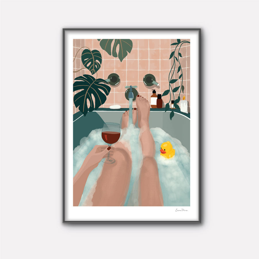 Illustration of woman in bubble bath with a glass of wine surrounded by plants.  Botanical Illustration for your bathroom by Studio Peers