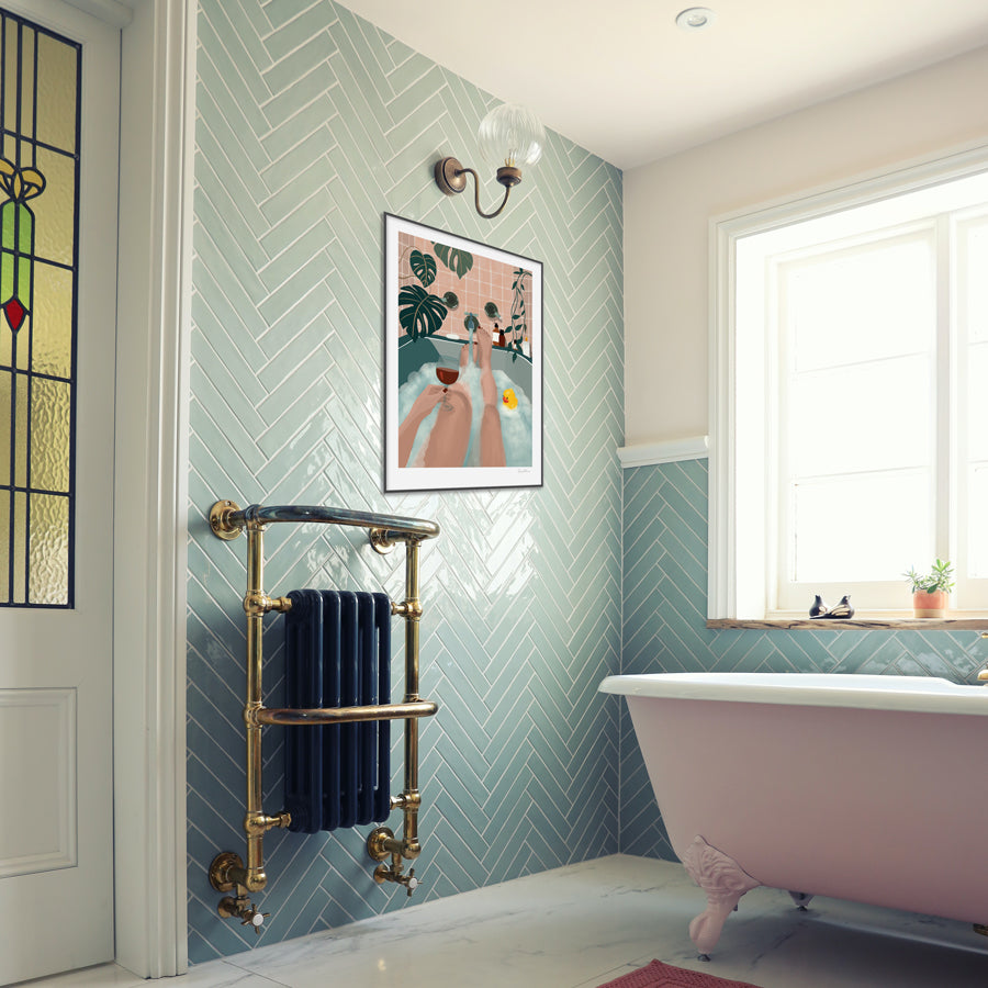 Bathroom decor. Illustration of woman in bubble bath with a glass of wine surrounded by plants.  Botanical Illustration for your bathroom by Studio Peers