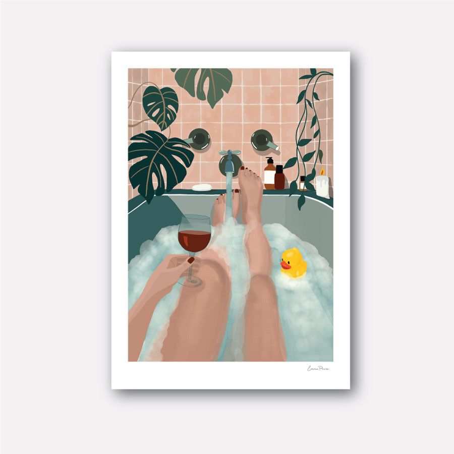 Illustration of woman in bubble bath with a glass of wine surrounded by plants.  Botanical Illustration for your bathroom by Studio Peers