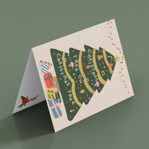 Christmas Tree Oh Christmas Tree Greeting Card.  Illustrated Christmas Tree with presents and candy can by Studio Peers. Mock up of Christmas Tree Card