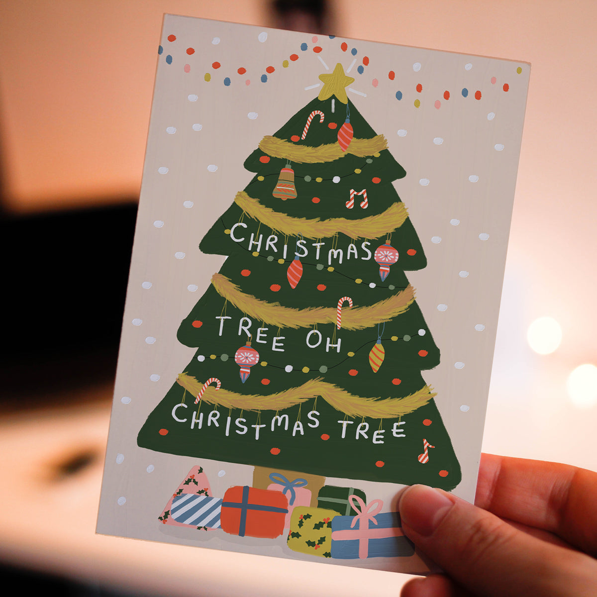 Christmas Tree Oh Christmas Tree Greeting Card.  Illustrated Christmas Tree with presents and candy can by Studio Peers.