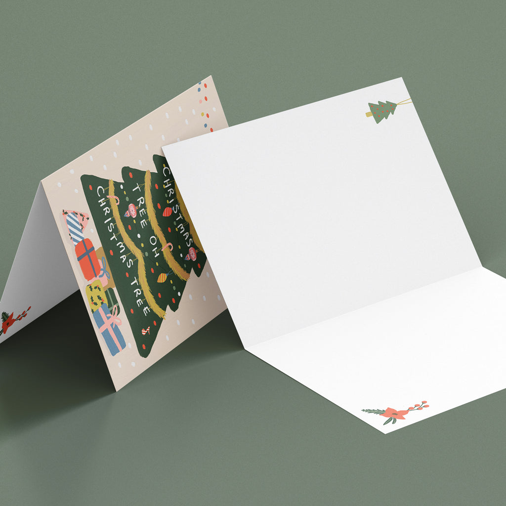 Christmas Tree Oh Christmas Tree Greeting Card.  Illustrated Christmas Tree with presents and candy can by Studio Peers. Mock of painted Christmas card.