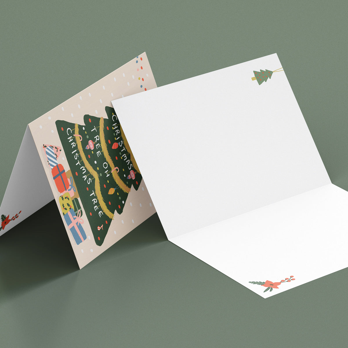 Christmas Tree Oh Christmas Tree Greeting Card.  Illustrated Christmas Tree with presents and candy can by Studio Peers. Mock of painted Christmas card.