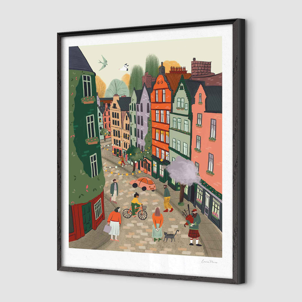 Sustainable Pine Framed Travel Poster of Victoria Street Edinburgh Scotland.  Illustration by Emma Peer of Studio Peers
