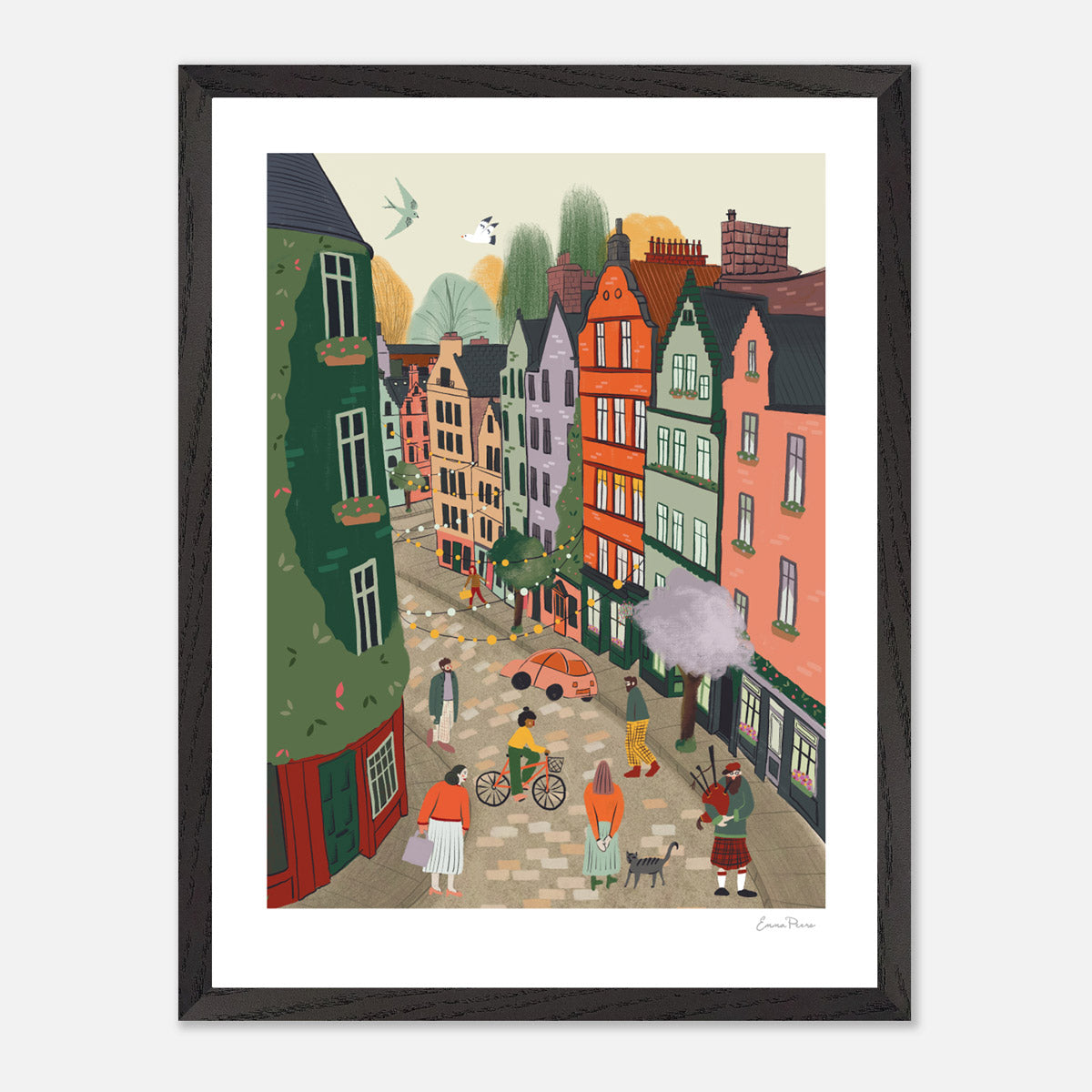 A3 Sustainable Pine Framed Travel Poster of Victoria Street Edinburgh Scotland.  Illustration by Emma Peer of Studio Peers