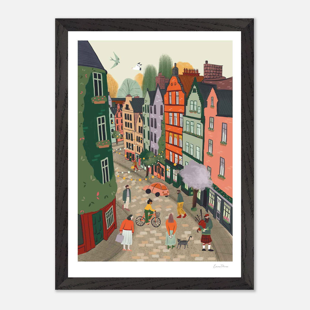 A4 Sustainable Pine Framed Travel Poster of Victoria Street Edinburgh Scotland.  Illustration by Emma Peer of Studio Peers