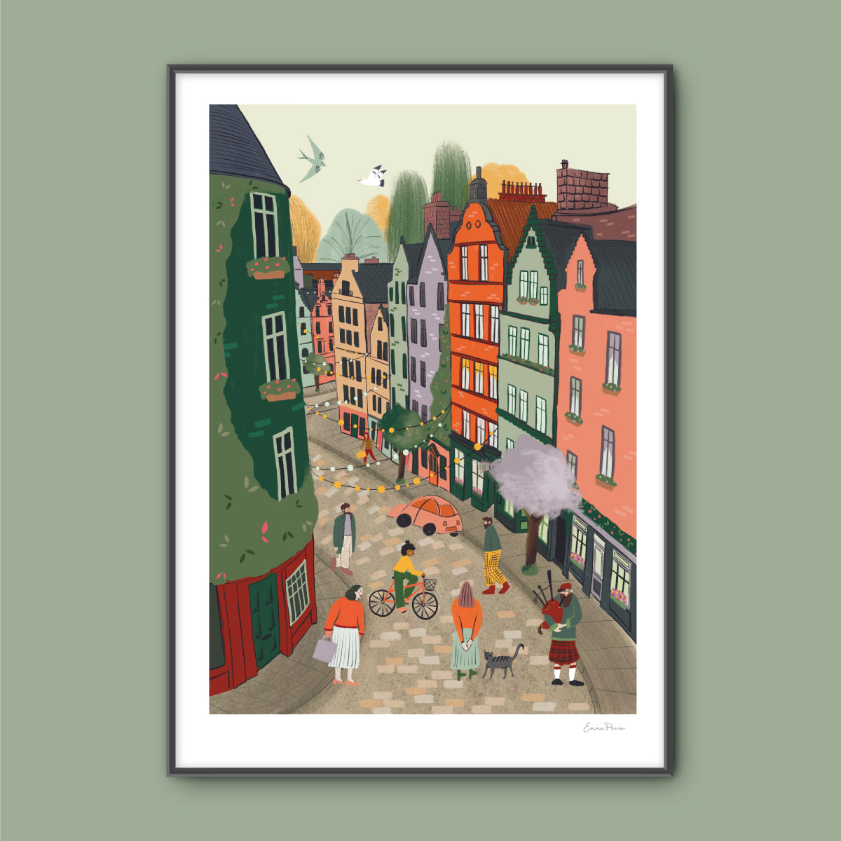 Travel Poster of Victoria Street Edinburgh Scotland.  Illustration by Emma Peer of Studio Peers