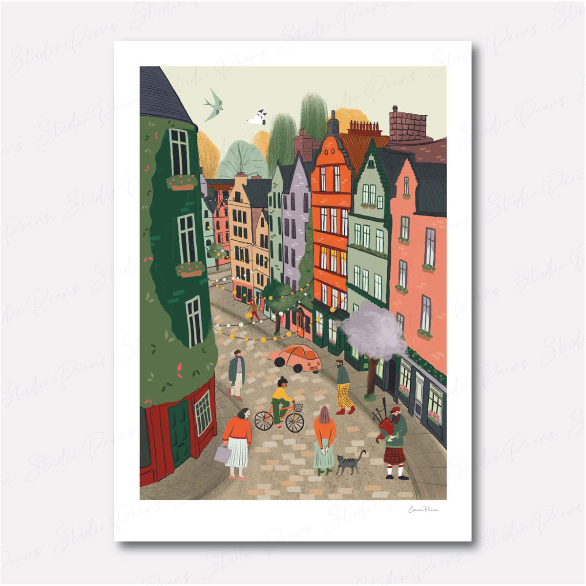 Travel Poster of Victoria Street Edinburgh Scotland.  Illustration by Emma Peer of Studio Peers