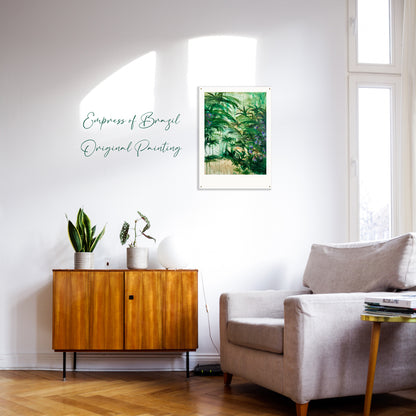 Mock-up of an original botanical painting featuring lush palm foliage and an endangered flowering species from Brazil. The artwork captures vibrant greens and delicate floral details, celebrating the beauty and fragility of tropical plant life.