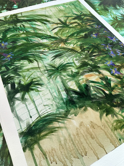 Original Painting of palms foliage highlighting the endangered species of flower from Brazil.