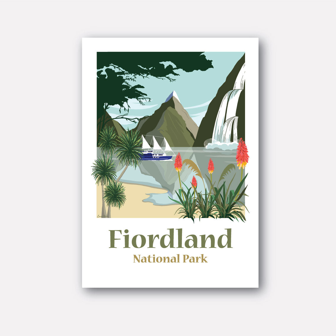 Travel Poster of Fiordland on the South Island of New Zealand.  Illustration of Milford and Doubtful Sound.  Mitre Peak, The Milford Mariner
