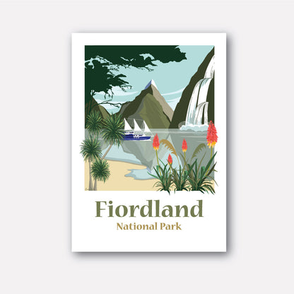 Travel Poster of Fiordland on the South Island of New Zealand.  Illustration of Milford and Doubtful Sound.  Mitre Peak, The Milford Mariner