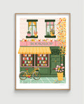 Bookshop Illustration and Wall Art.  Shopfront of a bookshop with Yellow Bike surround by botanical flowers and plants by Illustrator Studio Peers