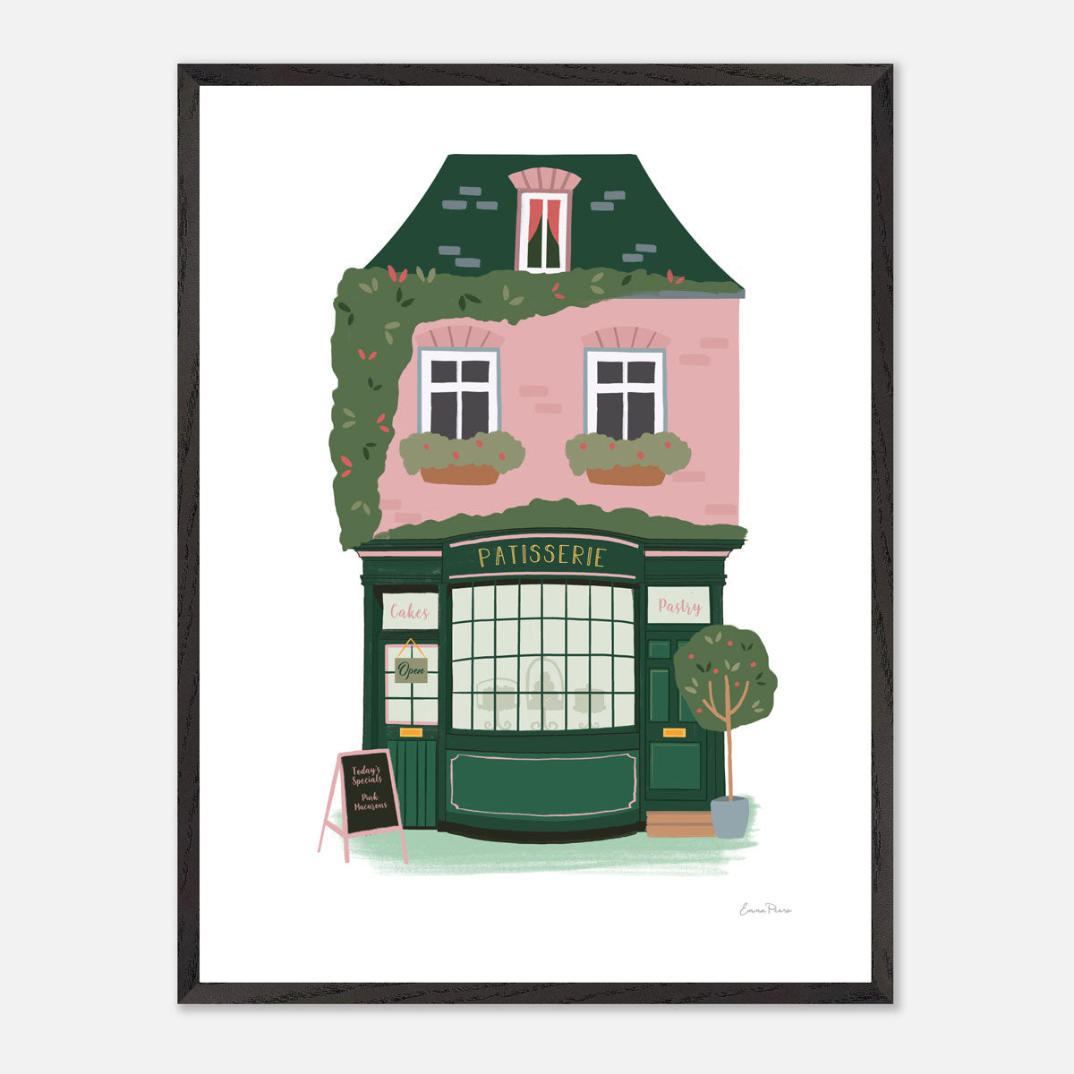 Wall Art Print of Pink and Green Patisserie French Bakery selling cakes and pastries in Parisian street. Framed mock A2 Size illustrated by Studio Peers