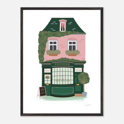 Wall Art Print of Pink and Green Patisserie French Bakery selling cakes and pastries in Parisian street. Framed mock A2 Size illustrated by Studio Peers