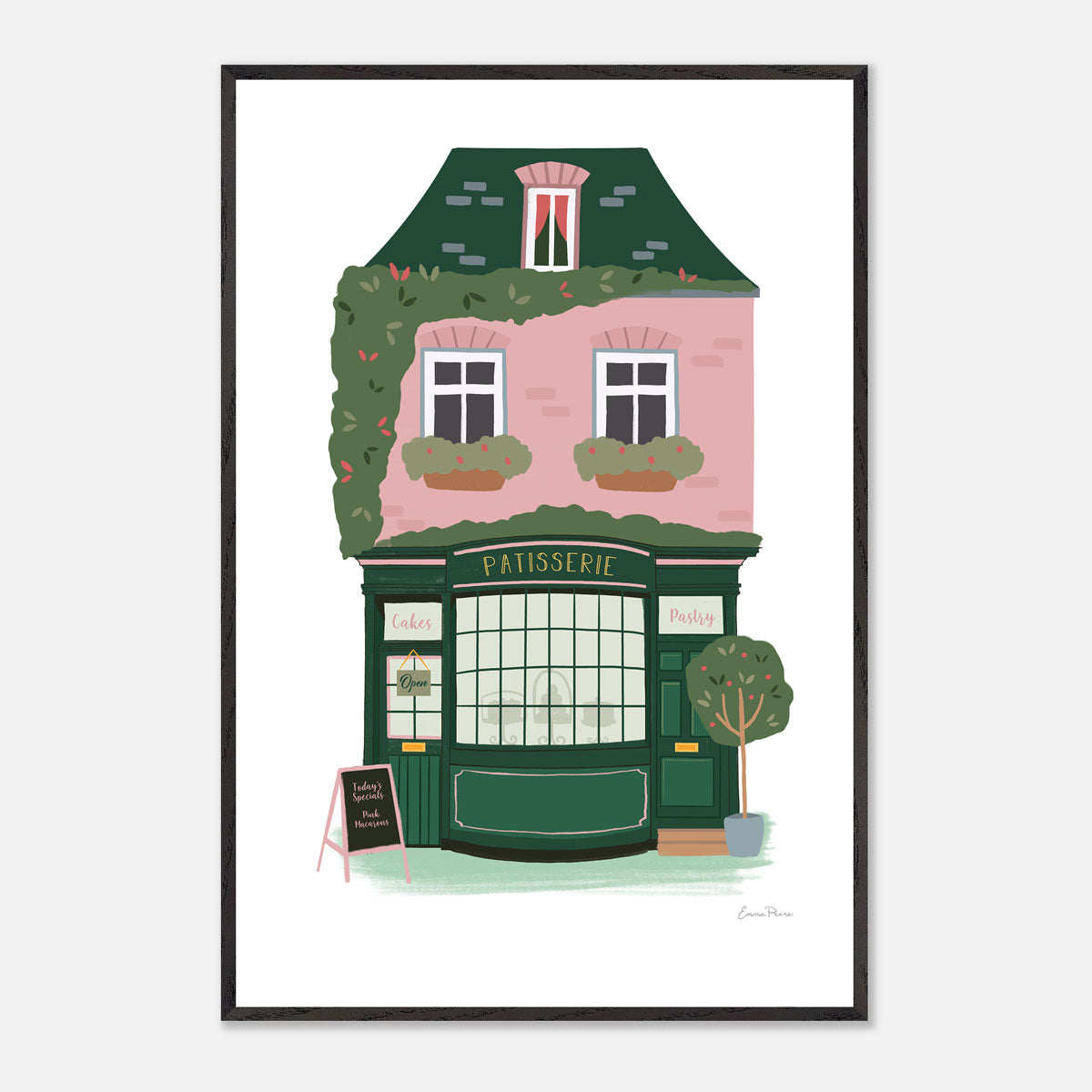 Wall Art Print of Pink and Green Patisserie French Bakery selling cakes and pastries in Parisian street. Framed mock A1 Size illustrated by Studio Peers