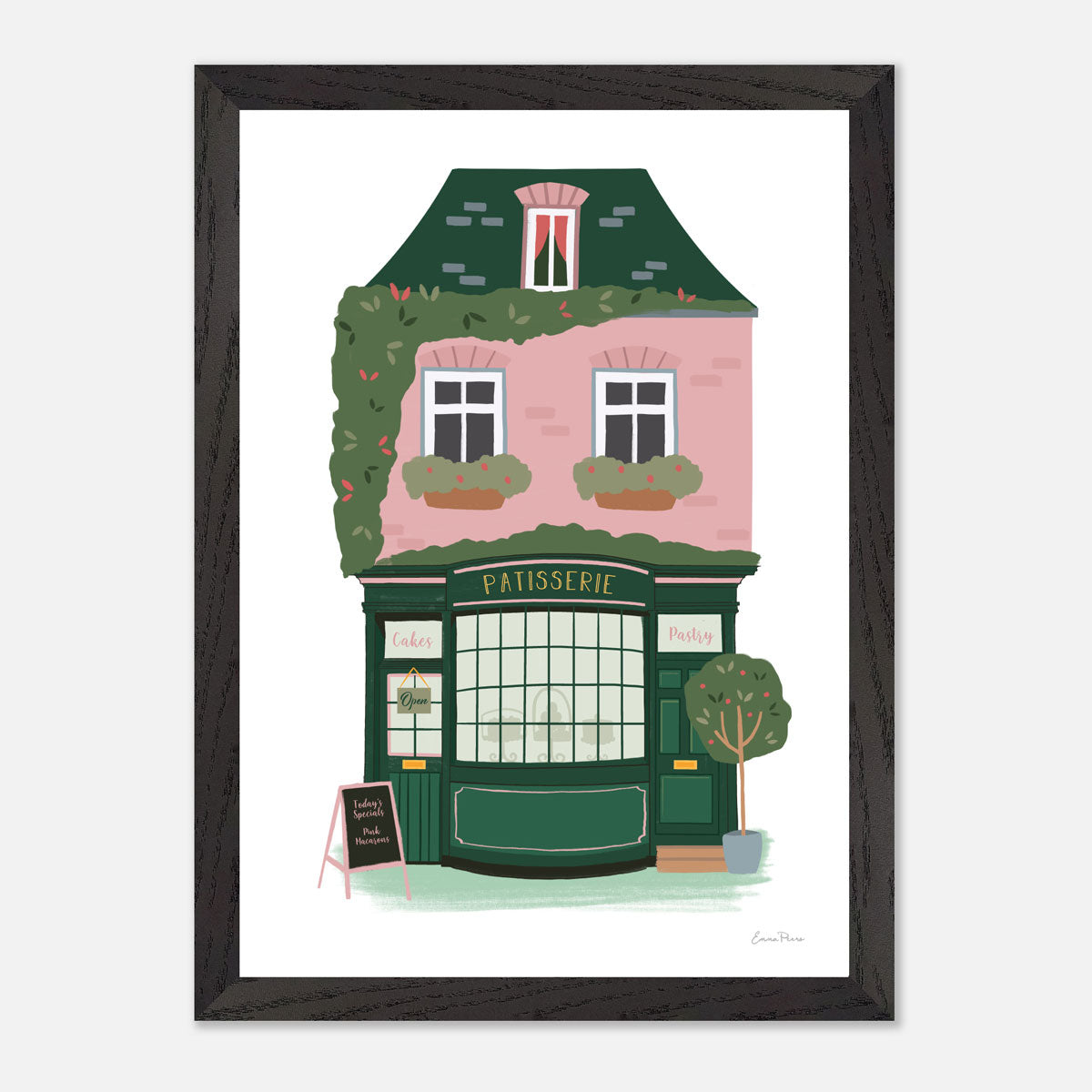 Wall Art Print of Pink and Green Patisserie French Bakery selling cakes and pastries in Parisian street.  Framed mock A4 Size illustrated by Studio Peers