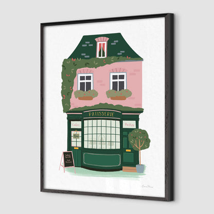 Wall Art Print of Patisserie French Bakery surrounded by botanicals and flowers selling cakes and pastries in Parisian street.  Framed mock in cafe illustrated by Studio Peers