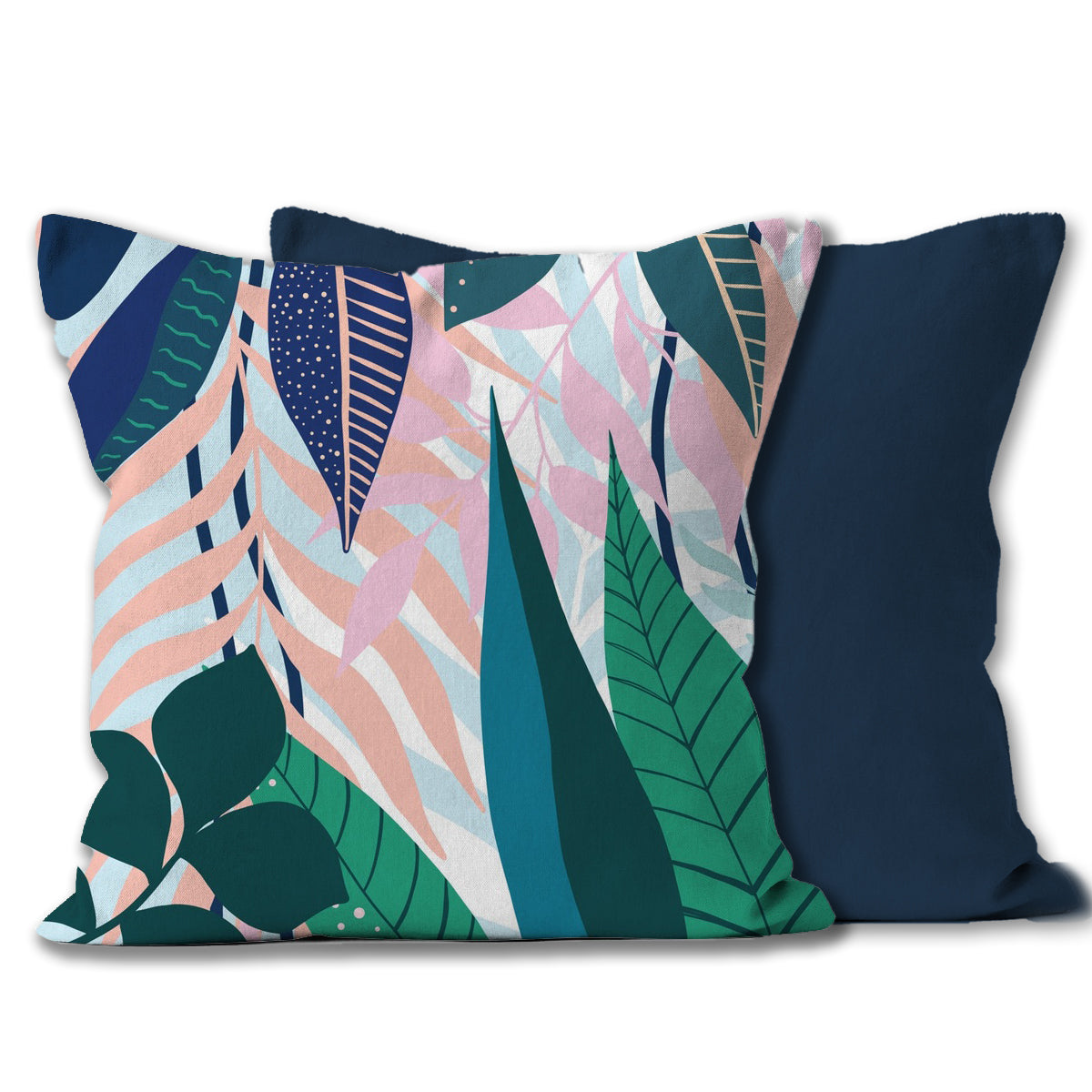 Blue hues botanical throw pillow or cushion.  Illustrated by designer Emma Peers - front and back view with Navy Back