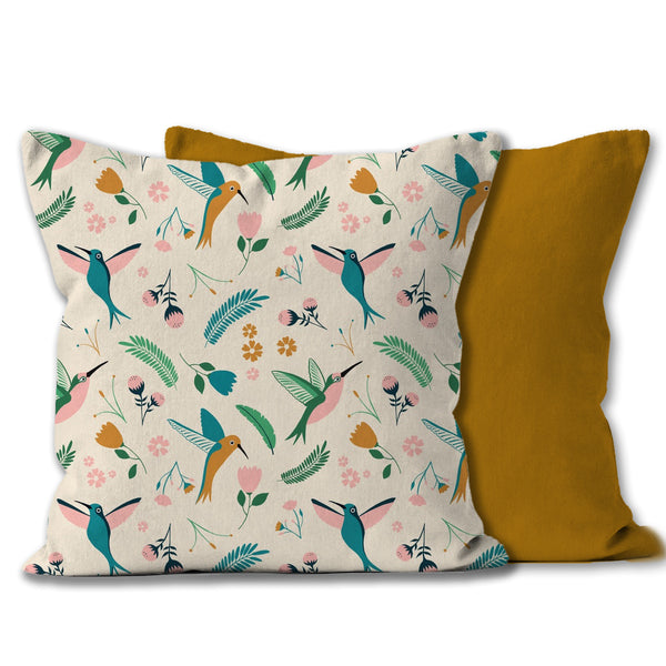 Hummingbird Illustrated cushion with a linen feel.  Colourful bird cushion by artist Emma Peers.  Front and Back view with mustard back.
