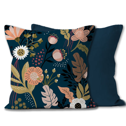 Navy Floral cushion illustrated by Emma Peers - part of the Studio Peers Homeware Range - Navy, Gold and Pink Front and Back view