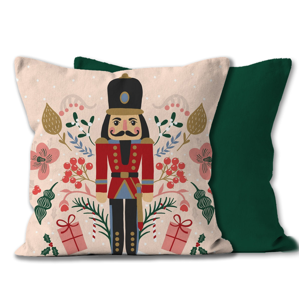 Christmas Nutcracker Cushion or Throw Pillow.  Toy Soldier in his red uniform surrounded by festive florals.  Green Back