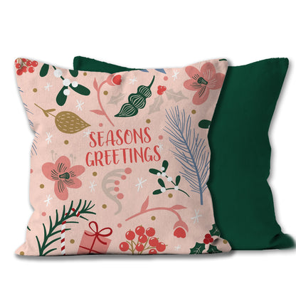 Christmas Cushion or Throw Pillow.  Seasons Greetings festive design with botanical plants