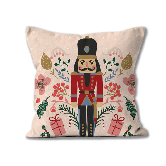 Christmas Nutcracker Cushion or Throw Pillow.  Toy Soldier in his red uniform surrounded by festive florals.