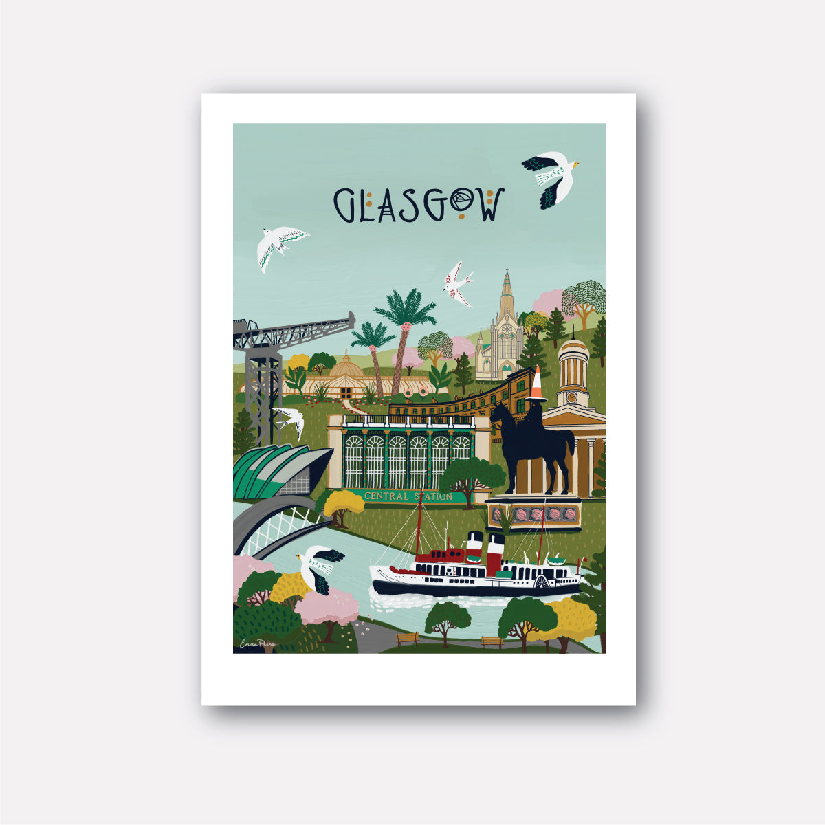 Travel Poster of Glasgow in Scotland showing the Waverley, river clyde, cathedral and Central Station