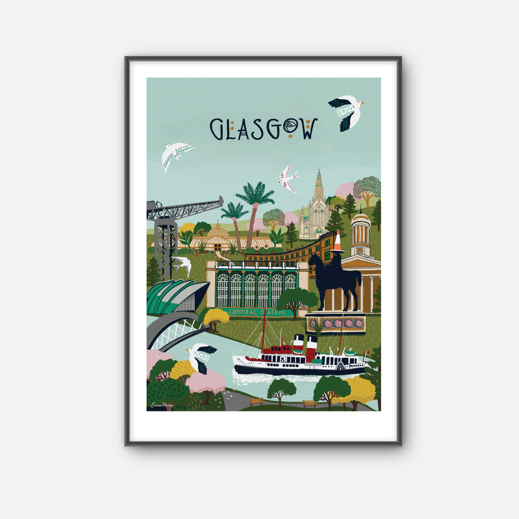 Travel Poster of Glasgow in Scotland showing the Waverley, river clyde, cathedral and Central Station