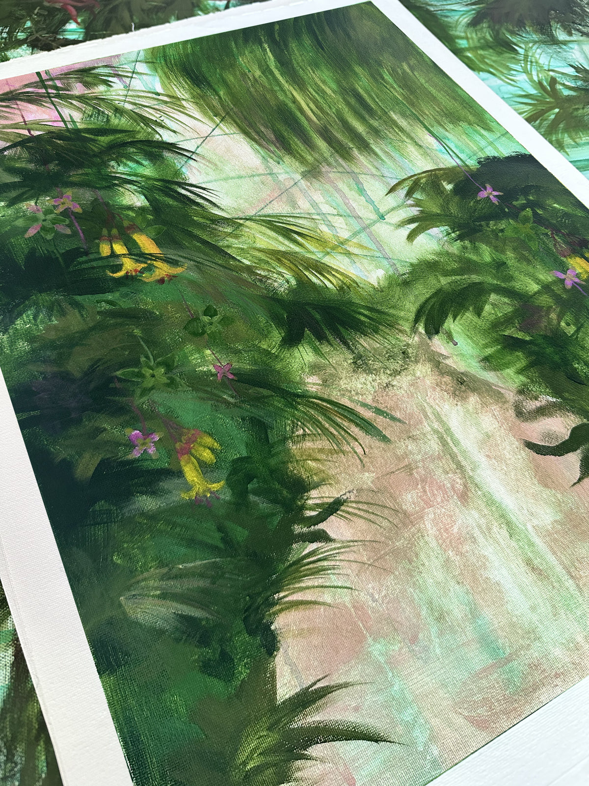 Original Painting of tropical greenhouse featuring the Golden Fuchsia, an endangered flower from Southern Mexico. Art by Studio Peers