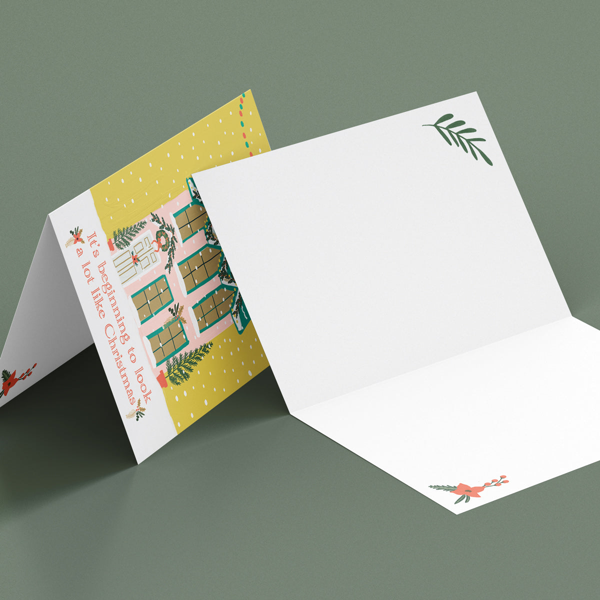 It's beginning to look a lot like Christmas Card.  Hand Drawn painted Christmas house.  Festive snow scene by Studio Peers. mock up on festive greeting card