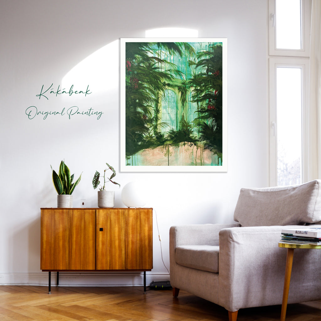 Mock of in living Room of Original Botanical Painting by Studio Peers.  Lush greens, blue and pinks with the archways of a botanical gardens greenhouse. Featuring red Kakabeak flowers.