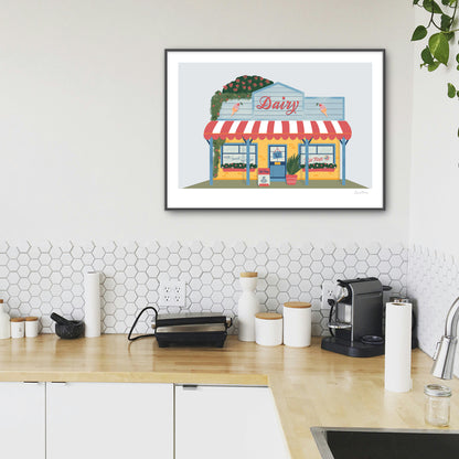 Kitchen Framed Artwork - New Zealand Kiwi Dairy Illustration by Illustrator Emma Peers of Studio Peers. NZ Dairy yellow and blue shopfront selling pies and tip top ice cream. Kiwiana Wall Art Print