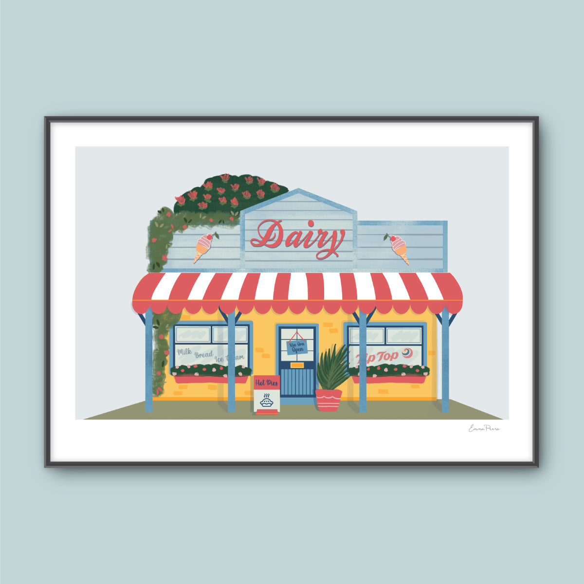 New Zealand Kiwi Dairy Illustration by Illustrator Emma Peers of Studio Peers.  NZ Dairy yellow and blue shopfront selling pies and tip top ice cream. Kiwiana Wall Art Print