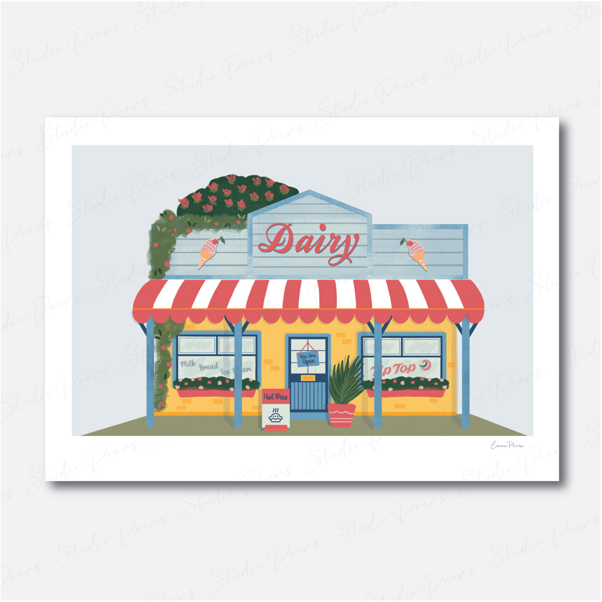 New Zealand Kiwi Dairy Illustration by Illustrator Emma Peers of Studio Peers. NZ Dairy yellow and blue shopfront selling pies and tip top ice cream. Kiwiana Wall Art Print
