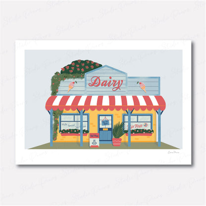 New Zealand Kiwi Dairy Illustration by Illustrator Emma Peers of Studio Peers. NZ Dairy yellow and blue shopfront selling pies and tip top ice cream. Kiwiana Wall Art Print
