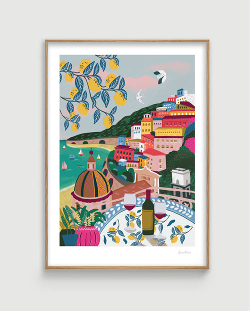 Illustration Travel Poster of Positano, Amalfi Coast in Italy with Lemon Trees and Colourful houses by Studio Peers