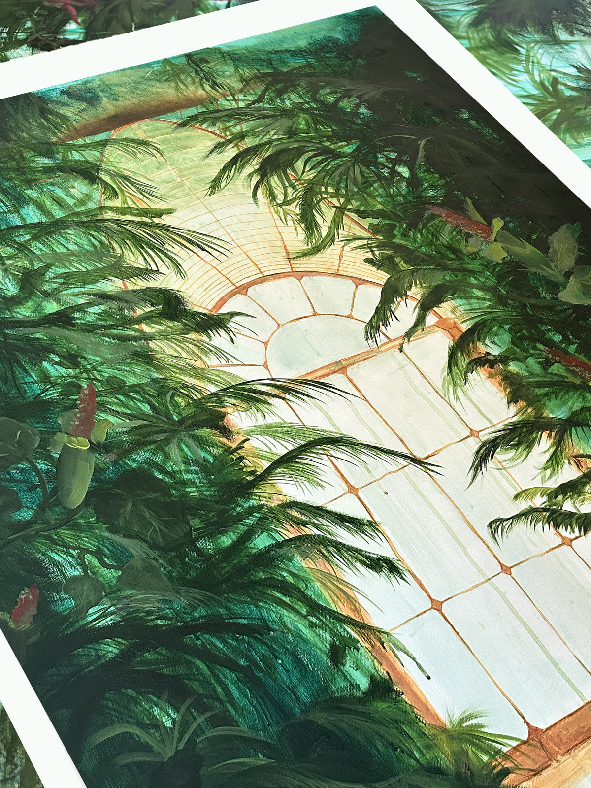 Original expressive botanical painting of the door of a botanical gardens.  Highlighting the Hibiscadelphus woodii and endangered flower from Hawaii.  Art by Studio Peers.