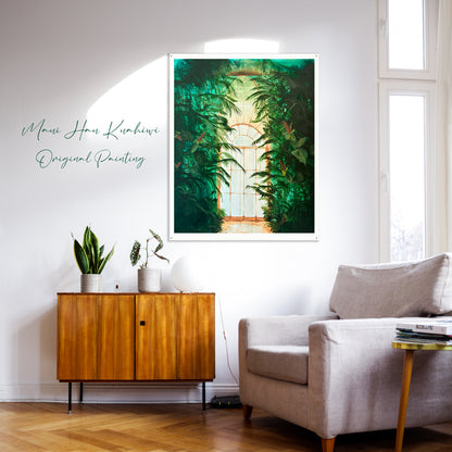 Mock up of original painting of the door of a botanical gardens.  Highlighting the Hibiscadelphus woodii and endangered flower from Hawaii.  Art by Studio Peers.