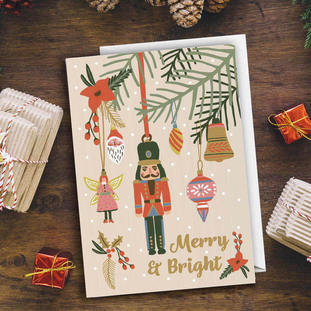 Merry and Bright hand painted Christmas Card.  Toy Soldier, Fairy and Santa festive design by Studio Peers.