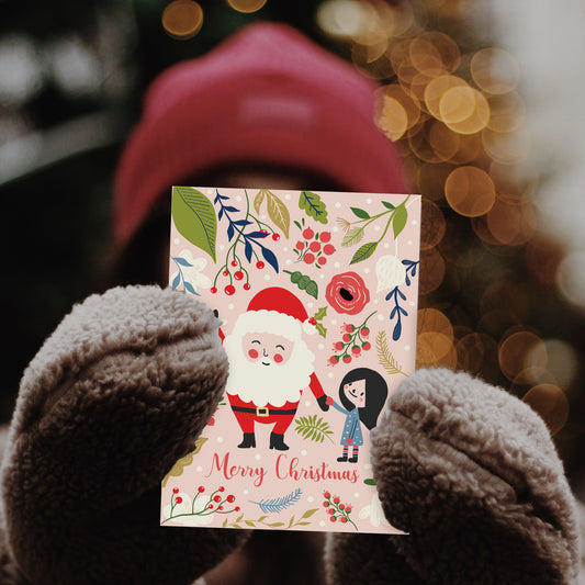 Merry Christmas Greeting Card - Santa surround by festive floral decorations.