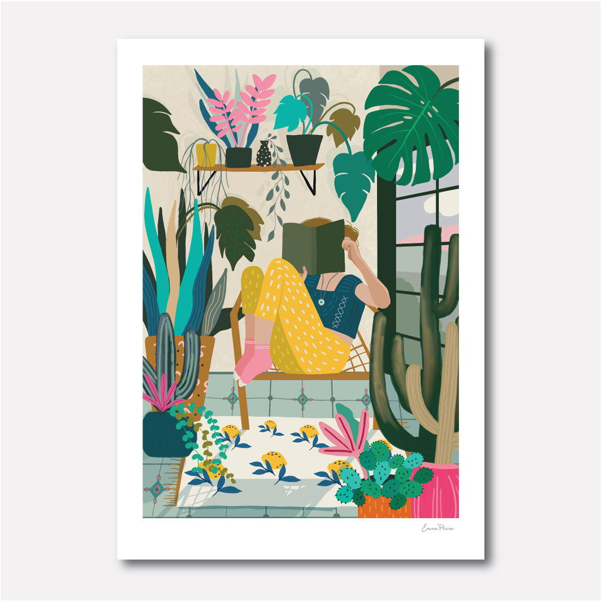 Girl reading a book surrounded by houseplants.  Cosy Nook scene illustrated by Studio Peers