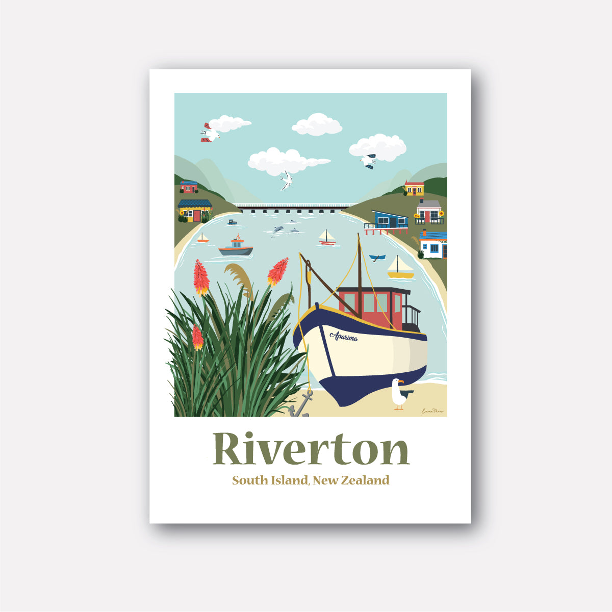 Travel Art Poster of Riverton, South Island New Zealand. Depicting fishing boats, kiwi batch and the harbour by Illustrator Emma Peers