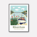 Travel Art Poster of Riverton, South Island New Zealand. Depicting fishing boats, kiwi batch and the harbour by Illustrator Emma Peers