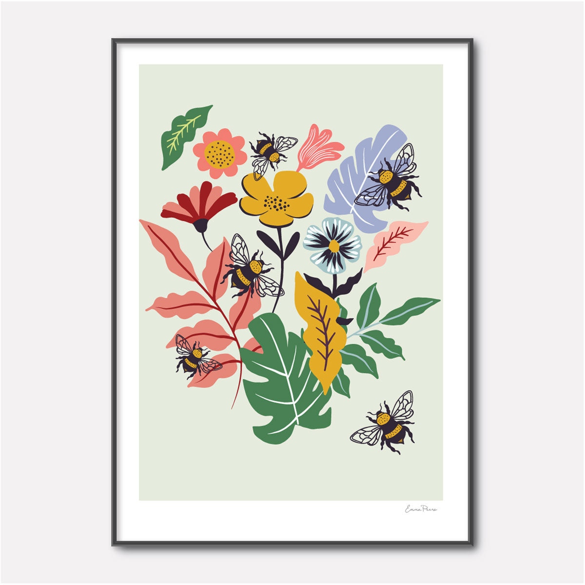 Bumble Bee, plants and flower Illustration print by Emma Peers. Wall art and home decor range.