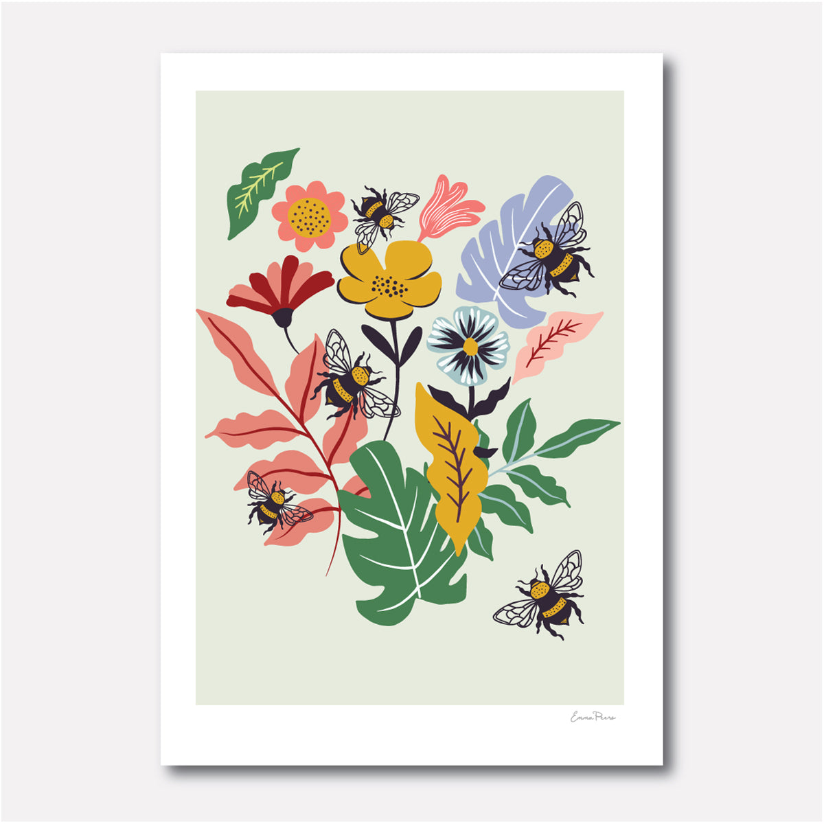 Bumble Bee, plants and flower Illustration print by Emma Peers. Wall art and home decor range.