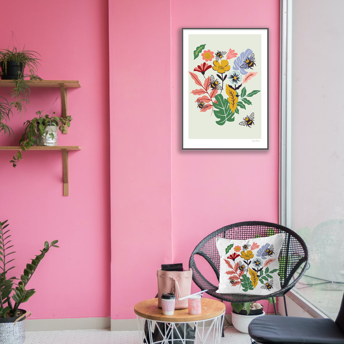 Bumble Bee, plants and flower Illustration print by Emma Peers. Wall art and home decor range with matching cushion or throw pillow